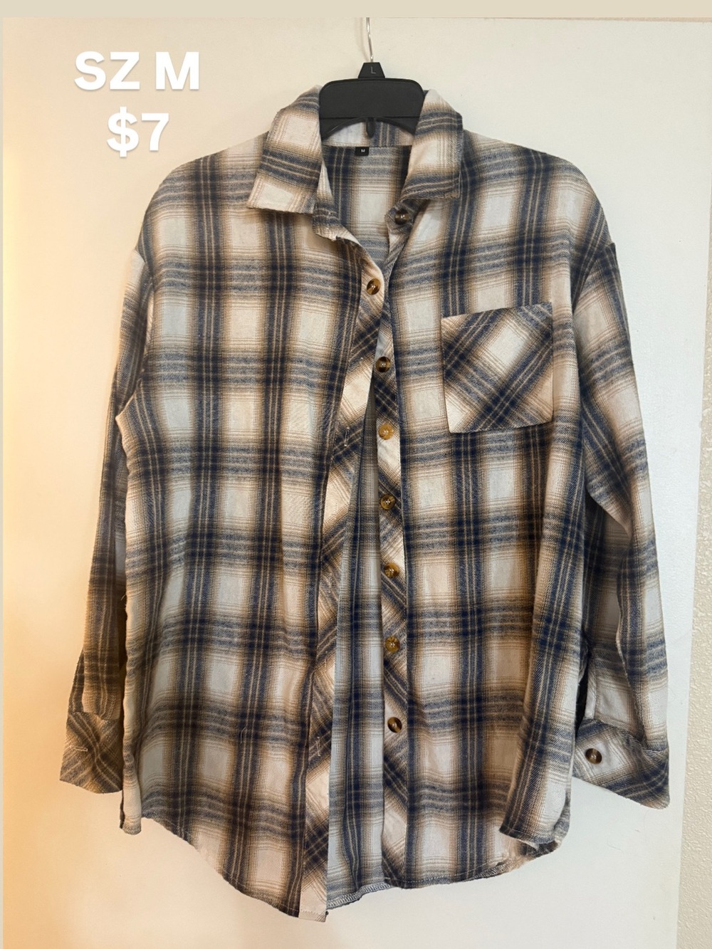 Blue & Cream Plaid Flannel Button-Up Shirt | Size Medium